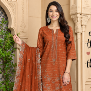 Luxury Viscose Collection – Rust Orange Embroidered Suit