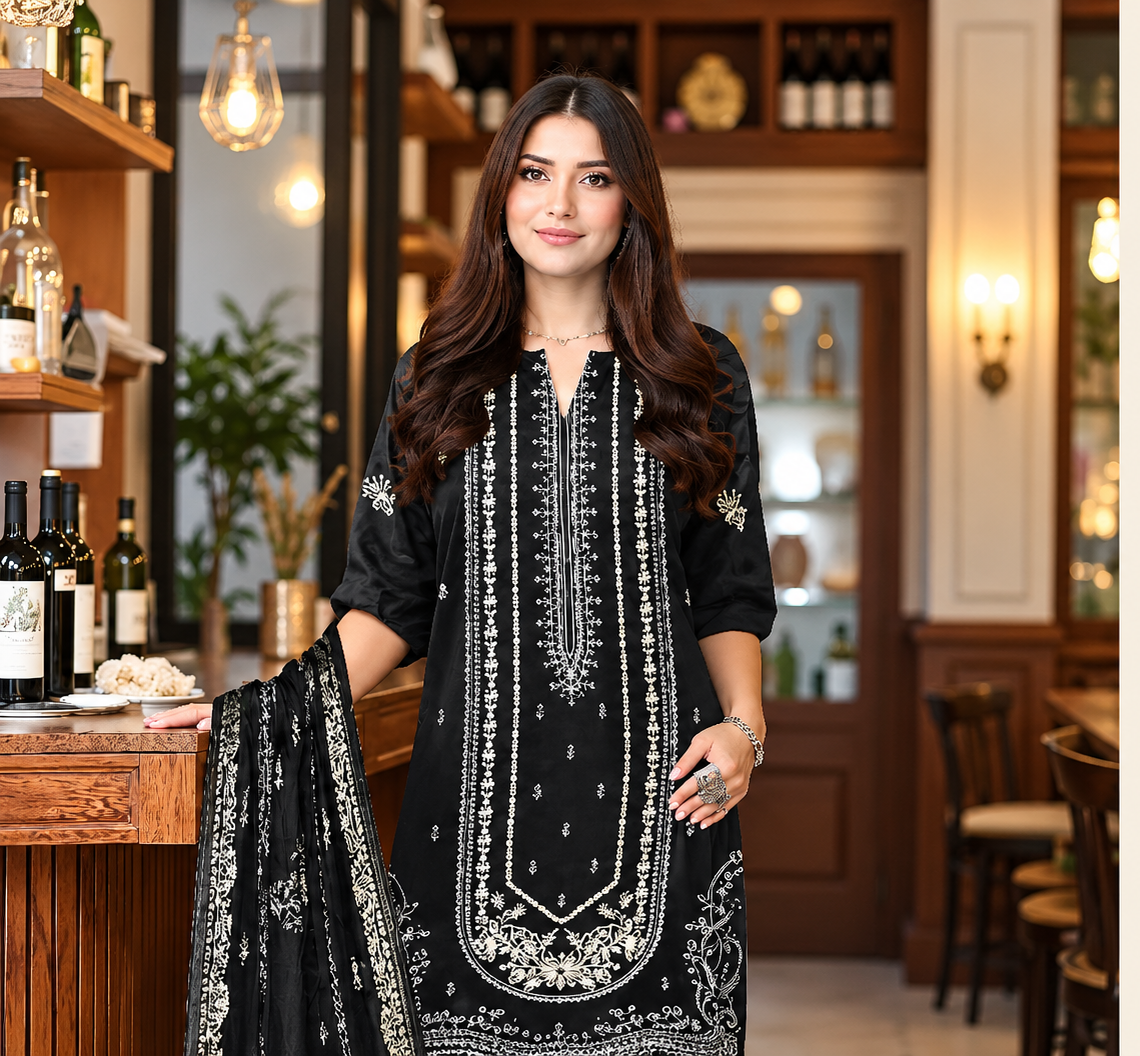 Black Embroidered Three-Piece Suit