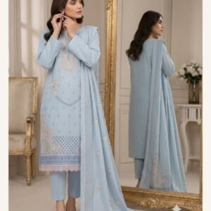 Dhanak Pastel Blue Embroidered Three-Piece Suit