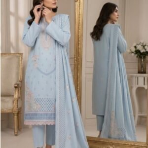 Dhanak Pastel Blue Embroidered Three-Piece Suit