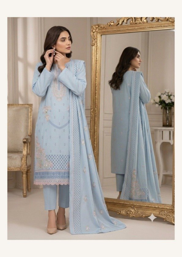 Dhanak Pastel Blue Embroidered Three-Piece Suit
