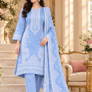 Blue embroidered Pakistani unstitched suit with matching dupatta